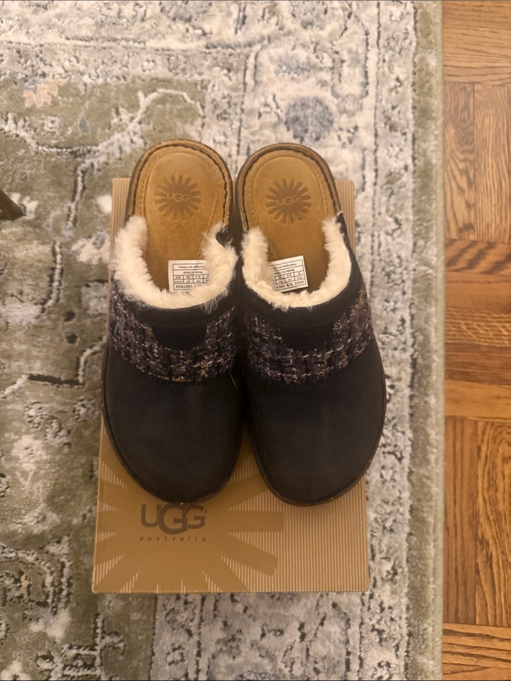 UGG Women's Black Suede Shearling-Trim Clog with Tweed Accents